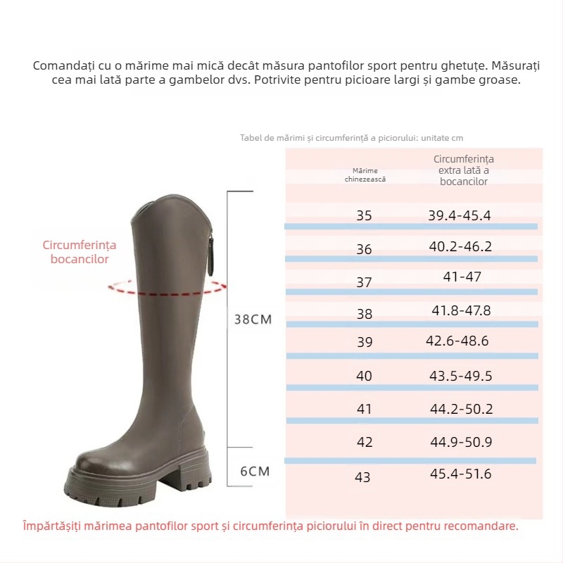 Ghete de fashion în stil coreean, până la genunchi, partea superioară din microfibră, toc gros 6–8 cm, închidere cu fermoar pe spate