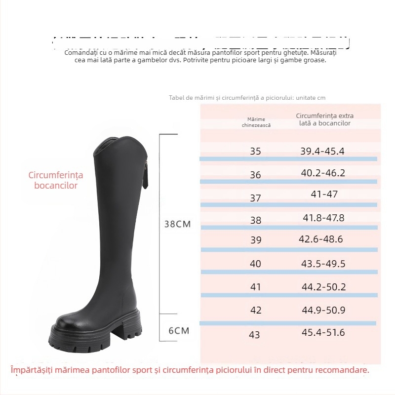 Ghete de fashion în stil coreean, până la genunchi, partea superioară din microfibră, toc gros 6–8 cm, închidere cu fermoar pe spate