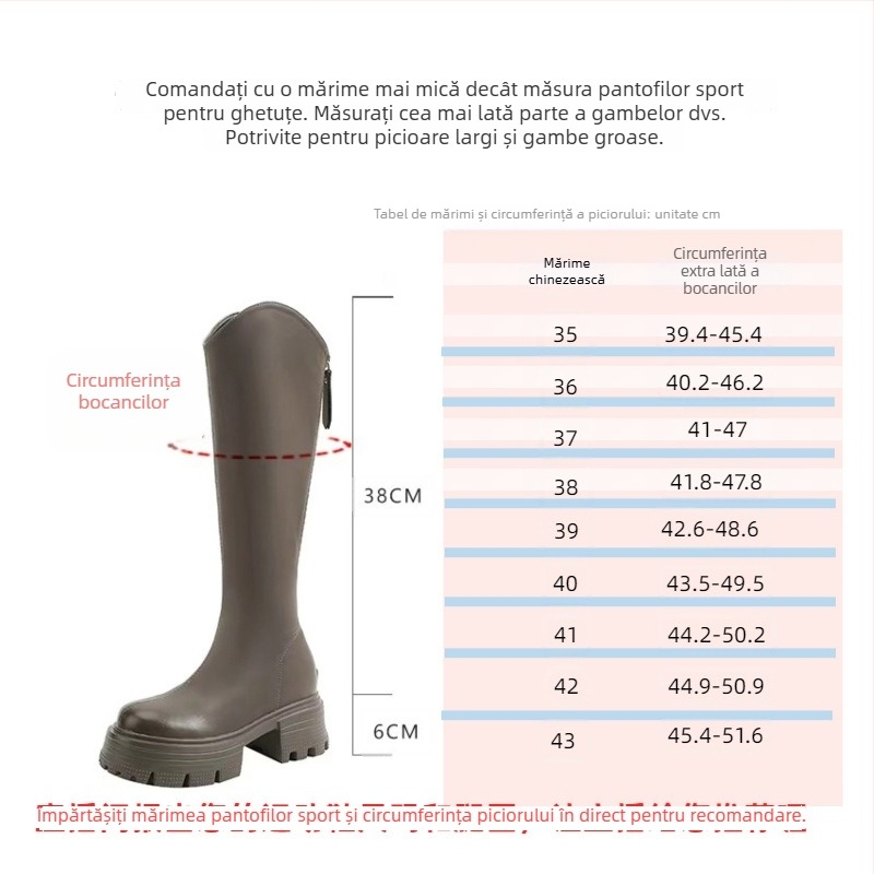 Ghete de fashion în stil coreean, până la genunchi, partea superioară din microfibră, toc gros 6–8 cm, închidere cu fermoar pe spate