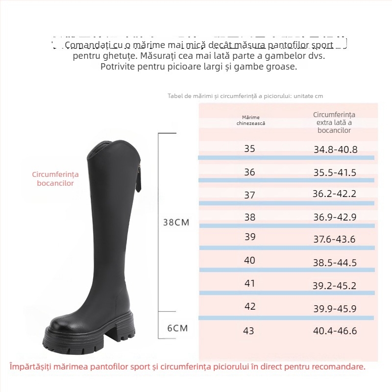 Ghete de fashion în stil coreean, până la genunchi, partea superioară din microfibră, toc gros 6–8 cm, închidere cu fermoar pe spate
