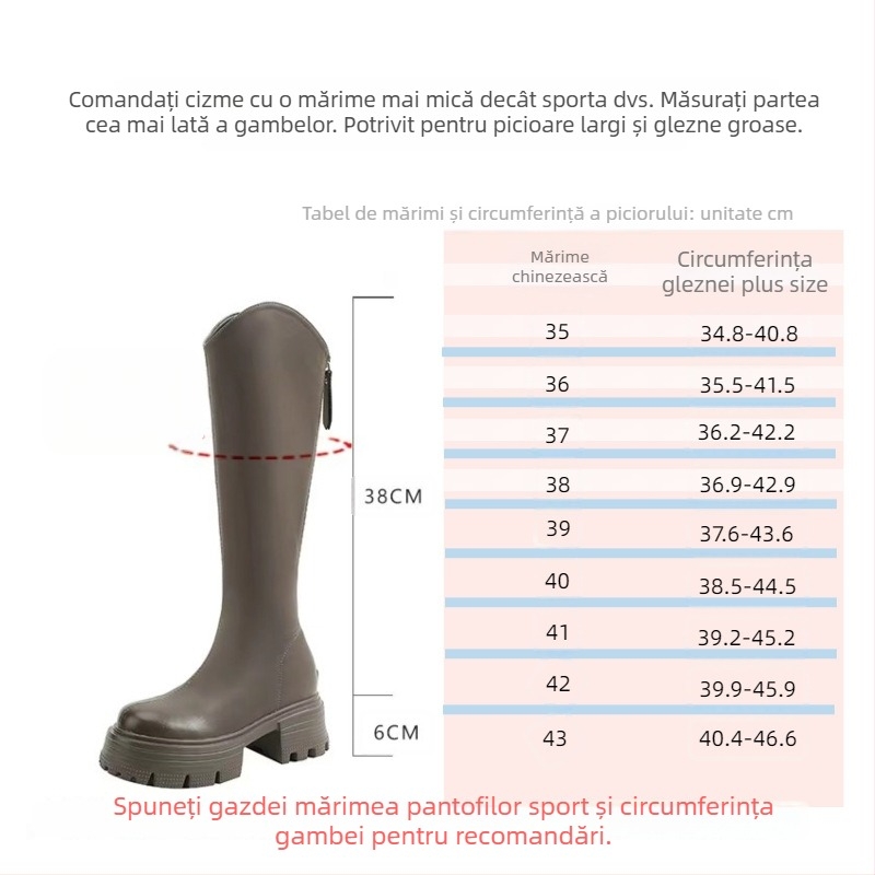 Ghete de fashion în stil coreean, până la genunchi, partea superioară din microfibră, toc gros 6–8 cm, închidere cu fermoar pe spate
