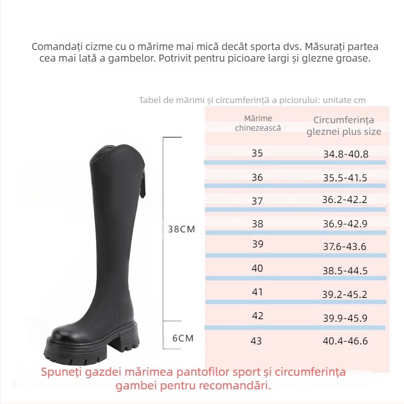 Ghete de fashion în stil coreean, până la genunchi, partea superioară din microfibră, toc gros 6–8 cm, închidere cu fermoar pe spate