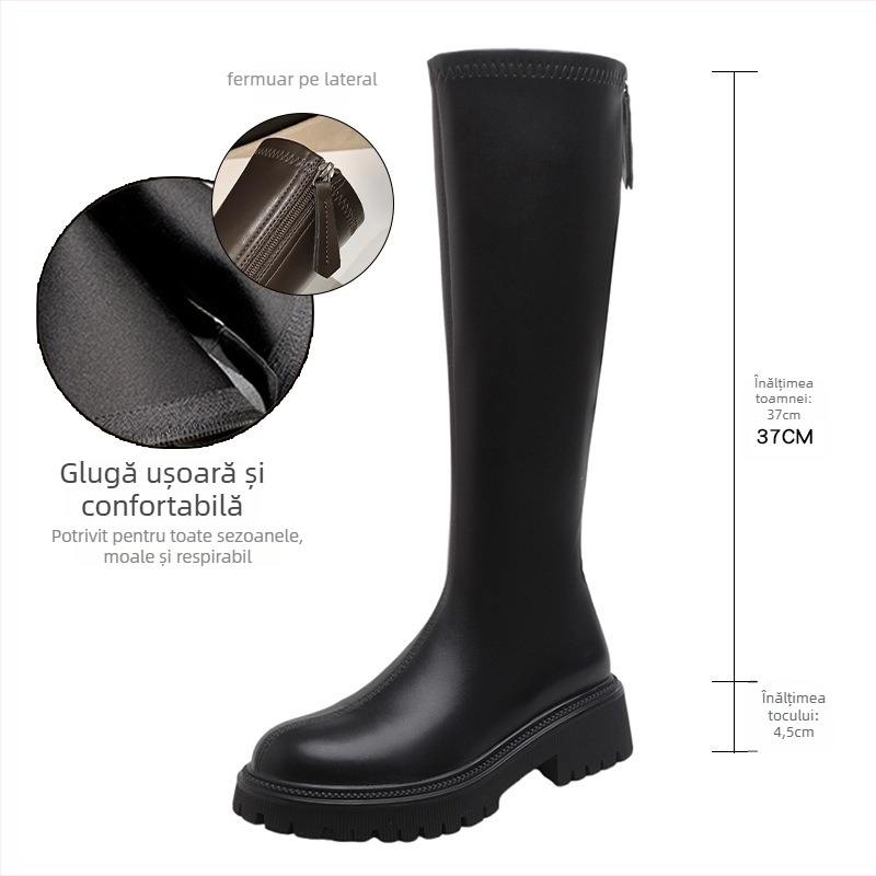 Cizme dama până la genunchi, microfibră partea superioară, gambă înaltă, 3-5 cm toc, vârf rotund, fermoar pe spate