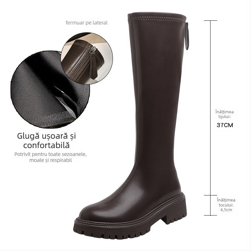 Cizme dama până la genunchi, microfibră partea superioară, gambă înaltă, 3-5 cm toc, vârf rotund, fermoar pe spate