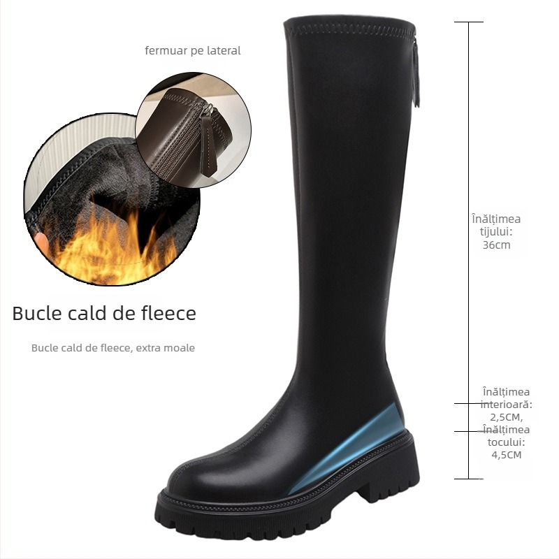 Cizme dama până la genunchi, microfibră partea superioară, gambă înaltă, 3-5 cm toc, vârf rotund, fermoar pe spate