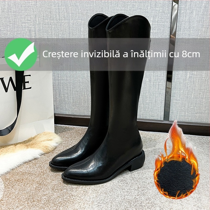 Cizme de cavaler pentru femei – gambă înaltă, vamp din piele de vită cu două straturi, căptușeală din piele, talpă din cauciuc, toc interior de 3–5 cm, vârf ascuțit