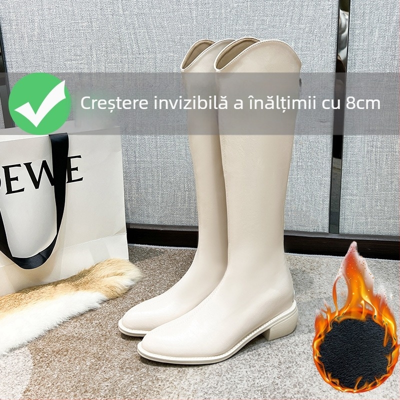 Cizme de cavaler pentru femei – gambă înaltă, vamp din piele de vită cu două straturi, căptușeală din piele, talpă din cauciuc, toc interior de 3–5 cm, vârf ascuțit