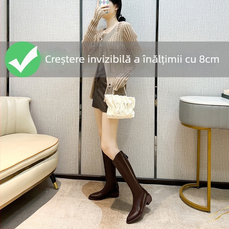 Cizme de cavaler pentru femei – gambă înaltă, vamp din piele de vită cu două straturi, căptușeală din piele, talpă din cauciuc, toc interior de 3–5 cm, vârf ascuțit