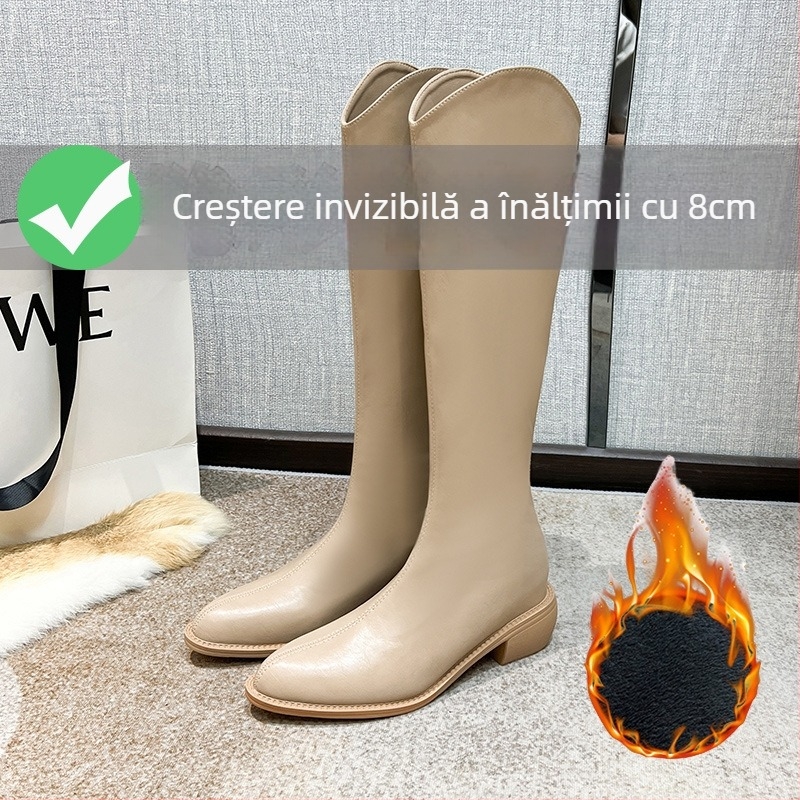 Cizme de cavaler pentru femei – gambă înaltă, vamp din piele de vită cu două straturi, căptușeală din piele, talpă din cauciuc, toc interior de 3–5 cm, vârf ascuțit