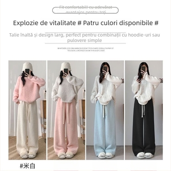 Pantaloni largi pentru femei, căptușiți cu Mink Velvet, tricot, talie înaltă, iarnă 2025
