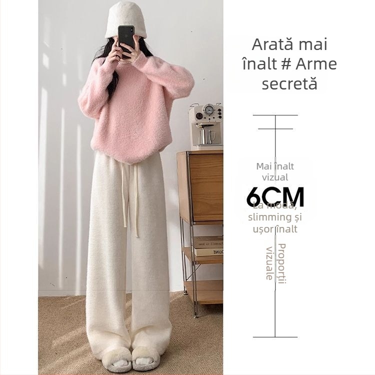 Pantaloni largi pentru femei, căptușiți cu Mink Velvet, tricot, talie înaltă, iarnă 2025