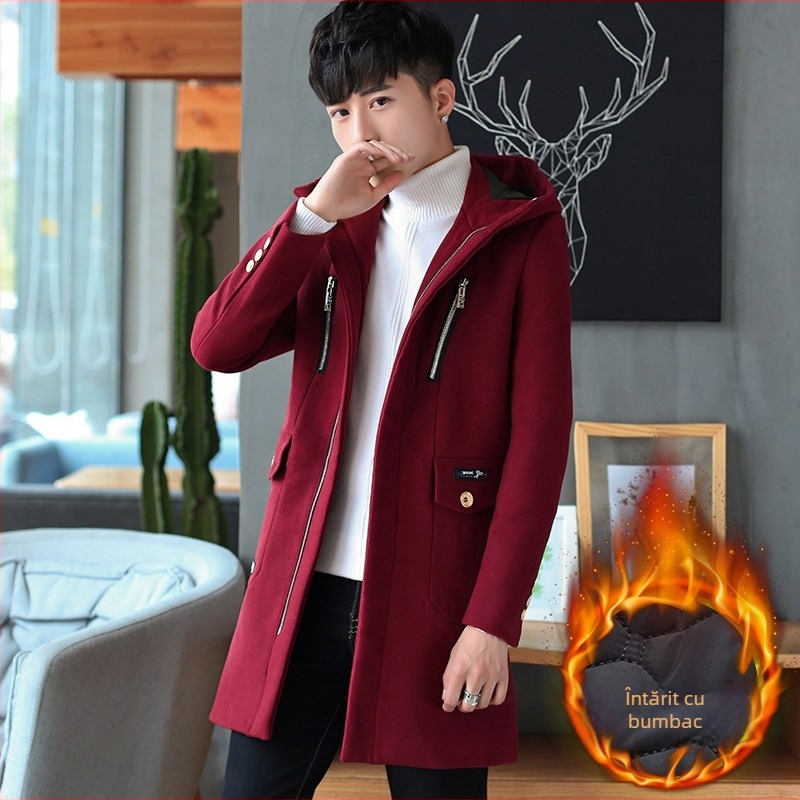 Palton trench de iarnă, stil coreean, Slim Fit, cu glugă, fermoar frontal, guler înalt, buzunare multiple