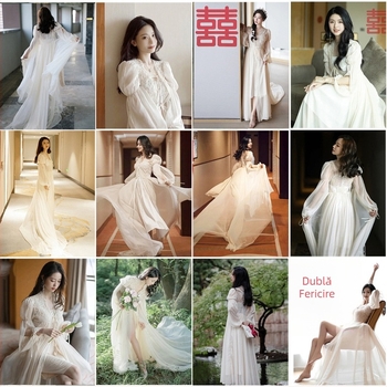 Robe de noapte de mireasă cu tren lung, decolteu în V adânc, mâneci bufante, material plasă cu peste 95% poliester, talie la talie