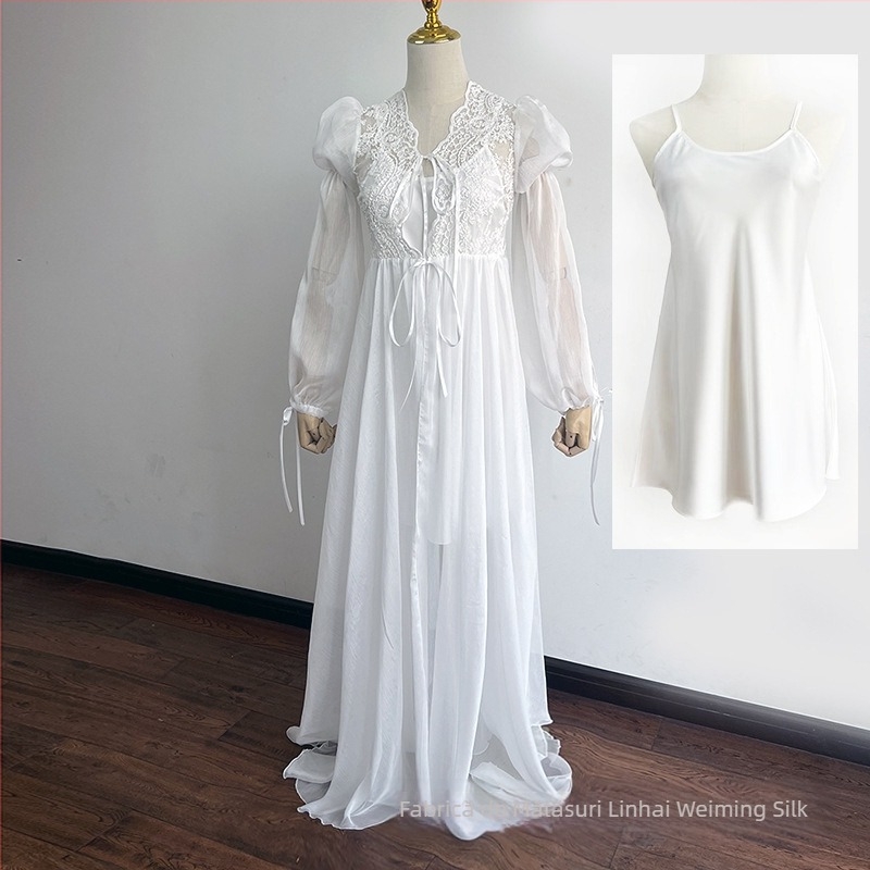 Robe de noapte de mireasă cu tren lung, decolteu în V adânc, mâneci bufante, material plasă cu peste 95% poliester, talie la talie