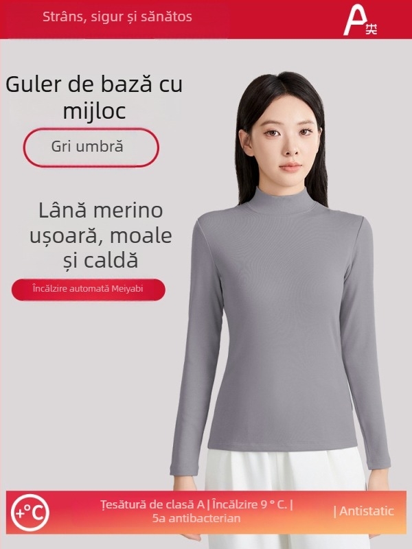 Top termic de bază din lână pentru femei, cu guler semi-înalt, mâneci lungi, grosime 251–300 g/m², antibacterian