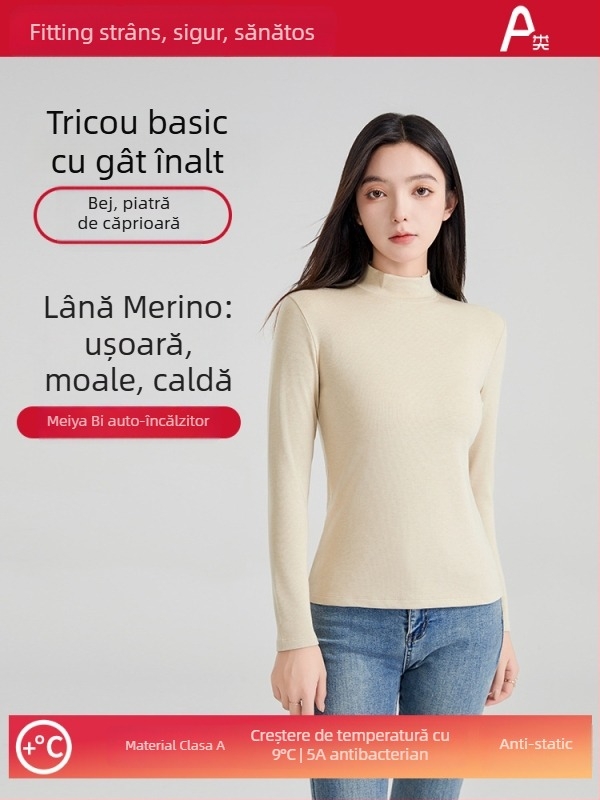Top termic de bază din lână pentru femei, cu guler semi-înalt, mâneci lungi, grosime 251–300 g/m², antibacterian