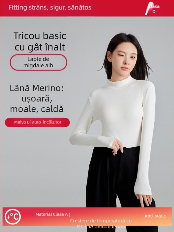 Top termic de bază din lână pentru femei, cu guler semi-înalt, mâneci lungi, grosime 251–300 g/m², antibacterian