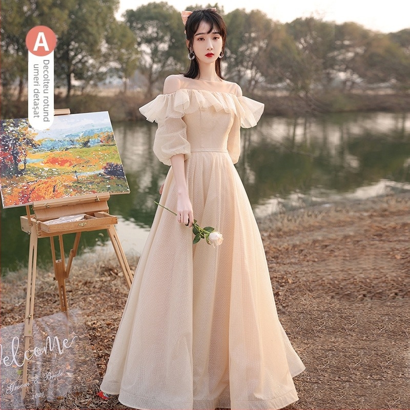 Rochie elegantă pentru domnișoarele de onoare, vară 2025, fustă lungă, talie medie, mâneci Feifei