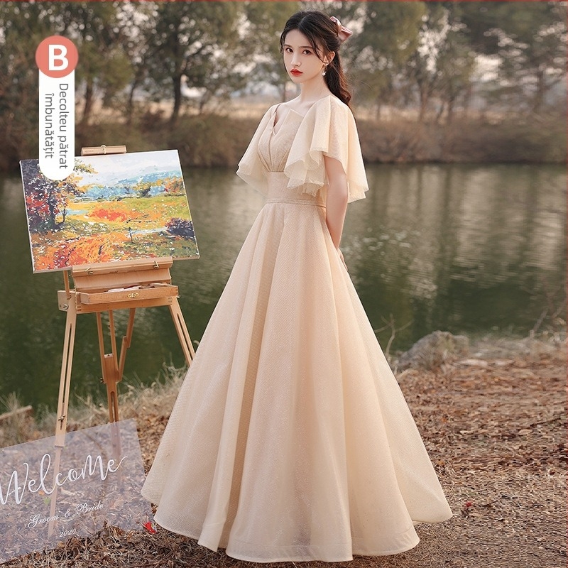 Rochie elegantă pentru domnișoarele de onoare, vară 2025, fustă lungă, talie medie, mâneci Feifei