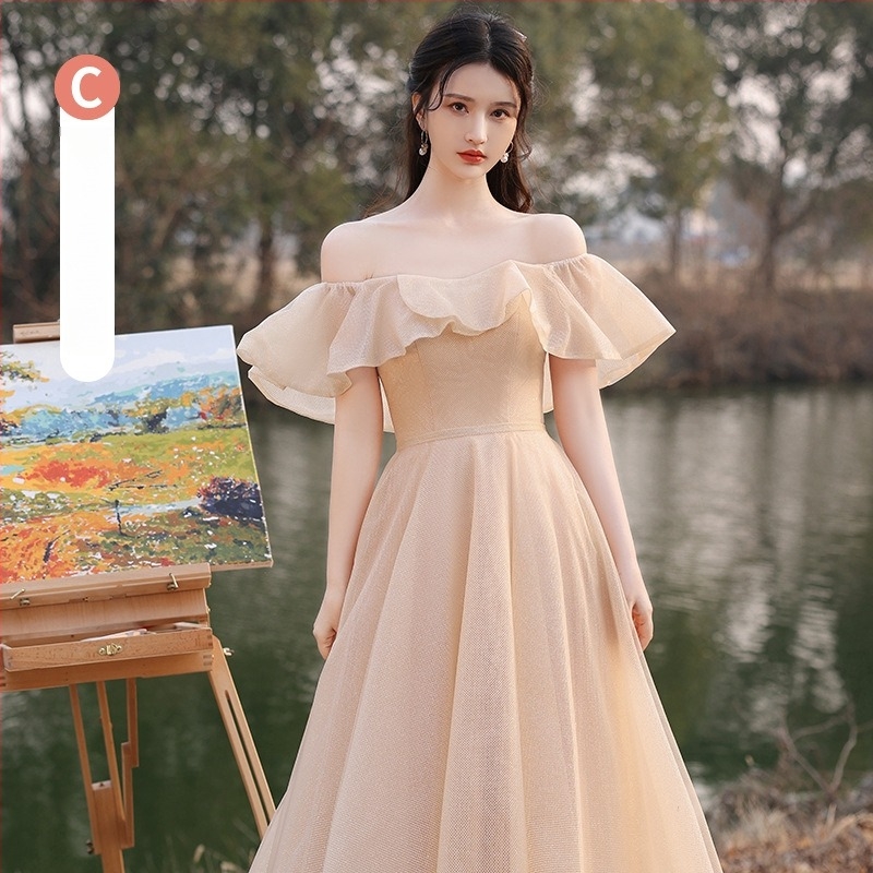 Rochie elegantă pentru domnișoarele de onoare, vară 2025, fustă lungă, talie medie, mâneci Feifei