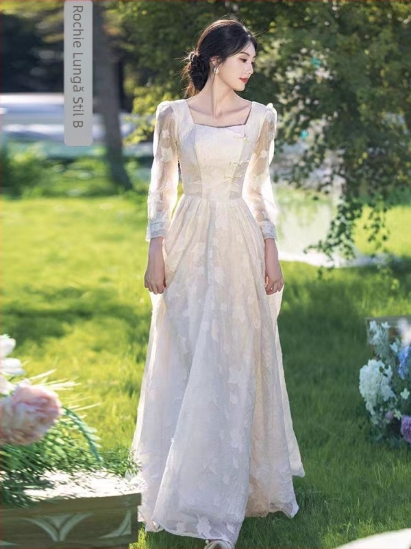 rochie pentru domnișoarele de onoare — elegantă, mâneci lungi, decolteu pătrat, siluetă în A, poliester cu elastan, 2025