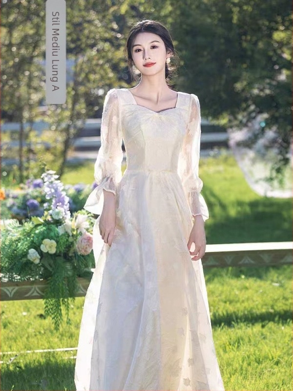 rochie pentru domnișoarele de onoare — elegantă, mâneci lungi, decolteu pătrat, siluetă în A, poliester cu elastan, 2025