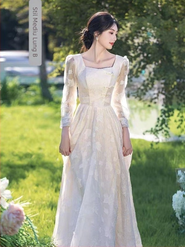 rochie pentru domnișoarele de onoare — elegantă, mâneci lungi, decolteu pătrat, siluetă în A, poliester cu elastan, 2025