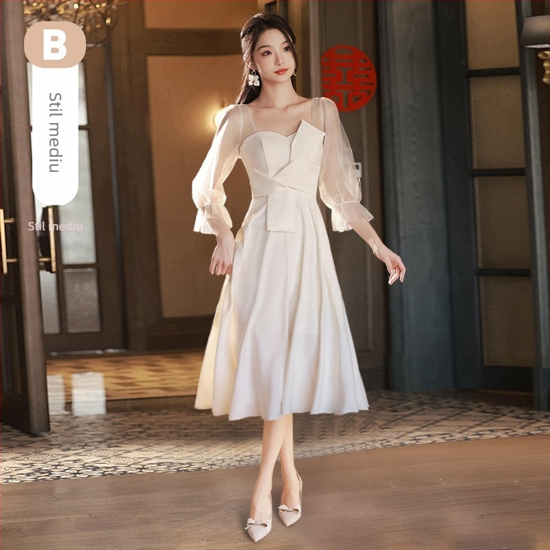 Rochie de domnișoare satinată, mâneci scurte, decolteu rotund, amestec din fibre chimice, poliester, finisaj șlefuit, vara 2023