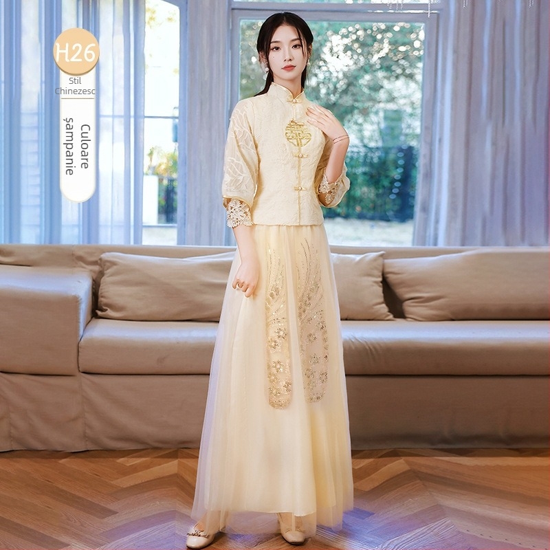 Rochie de domnișoară în stil chinezesc, mâneci lungi, lungă până la podea, talie medie, guler drept