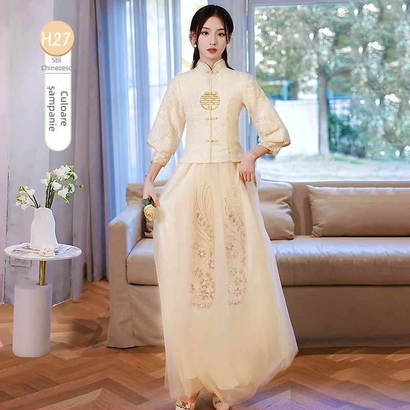 Rochie de domnișoară în stil chinezesc, mâneci lungi, lungă până la podea, talie medie, guler drept