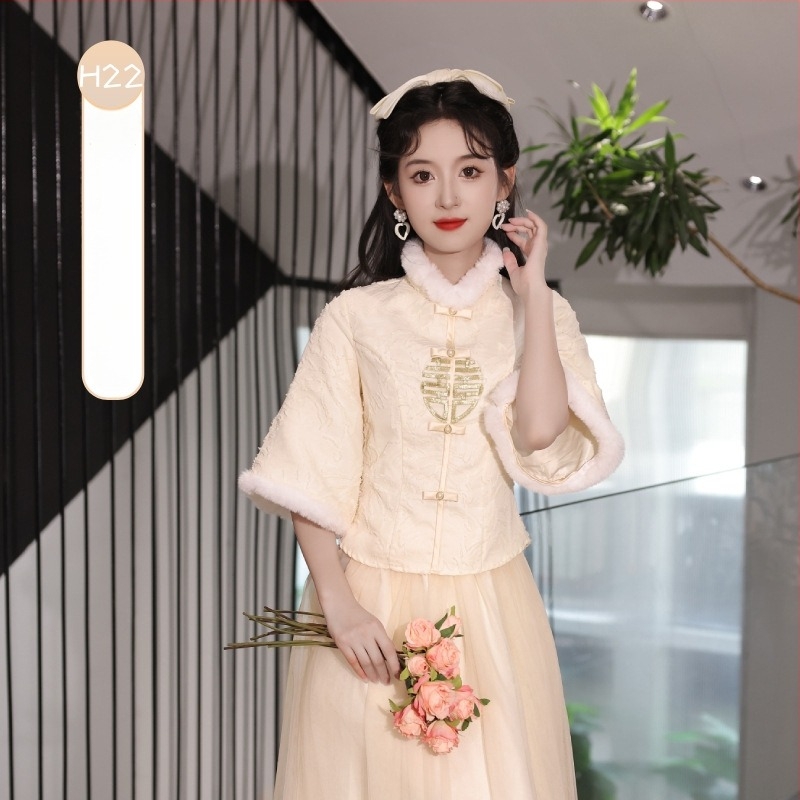 Rochie de domnișoară în stil chinezesc, mâneci lungi, lungă până la podea, talie medie, guler drept