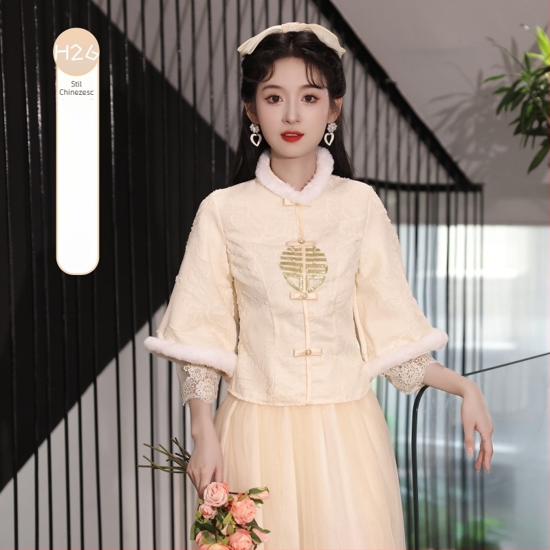 Rochie de domnișoară în stil chinezesc, mâneci lungi, lungă până la podea, talie medie, guler drept