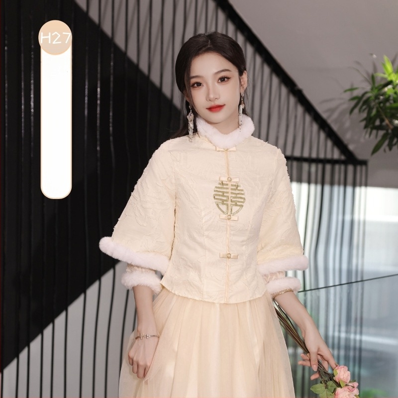 Rochie de domnișoară în stil chinezesc, mâneci lungi, lungă până la podea, talie medie, guler drept