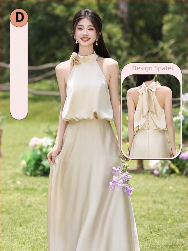 Rochie de domnișoară de onoare, stil proaspăt și dulce, fără mâneci, talie medie, poliester mercerizat