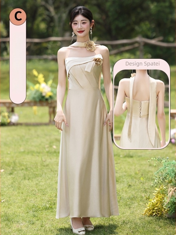 Rochie de domnișoară de onoare, stil proaspăt și dulce, fără mâneci, talie medie, poliester mercerizat