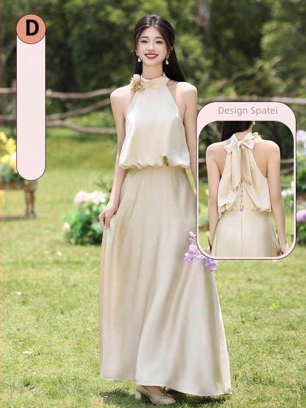 Rochie de domnișoară de onoare, stil proaspăt și dulce, fără mâneci, talie medie, poliester mercerizat