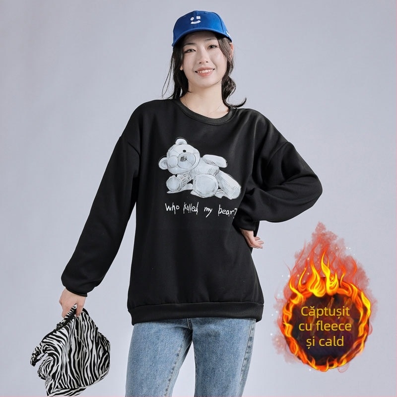 Pulover pentru femei, căptușit cu fleece, croială liberă, guler rotund, mâneci lungi, poliester