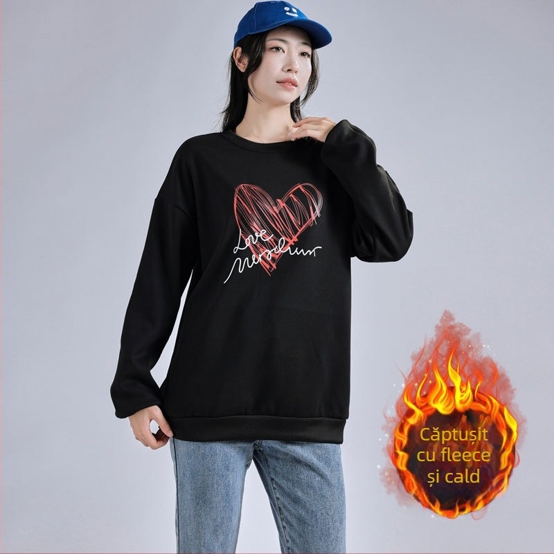 Pulover pentru femei, căptușit cu fleece, croială liberă, guler rotund, mâneci lungi, poliester