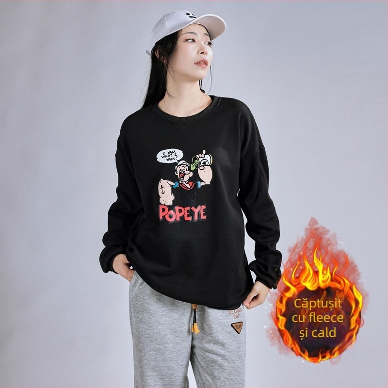 Pulover pentru femei, căptușit cu fleece, croială liberă, guler rotund, mâneci lungi, poliester