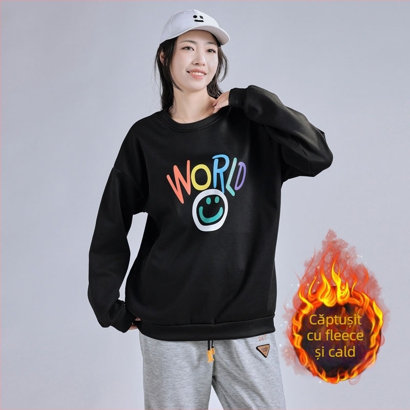 Pulover pentru femei, căptușit cu fleece, croială liberă, guler rotund, mâneci lungi, poliester