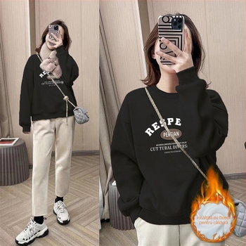 Pulover-sweatshirt, stil coreean, croială lejeră, guler rotund, țesătură groasă, poliester