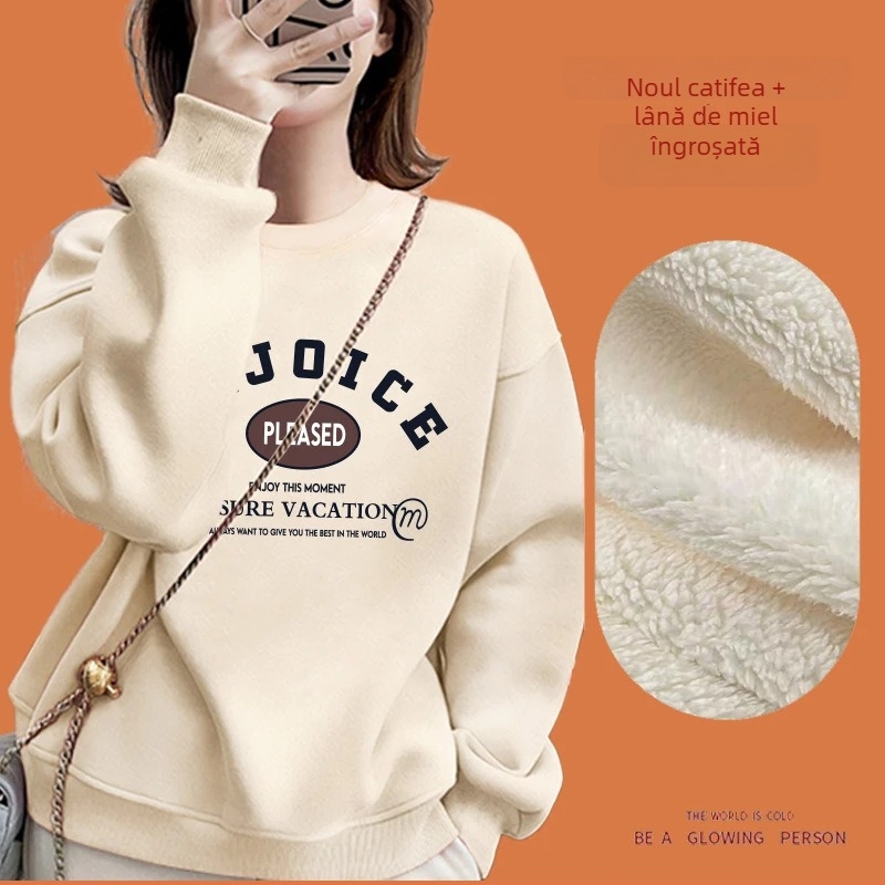 Pulover-sweatshirt, stil coreean, croială lejeră, guler rotund, țesătură groasă, poliester
