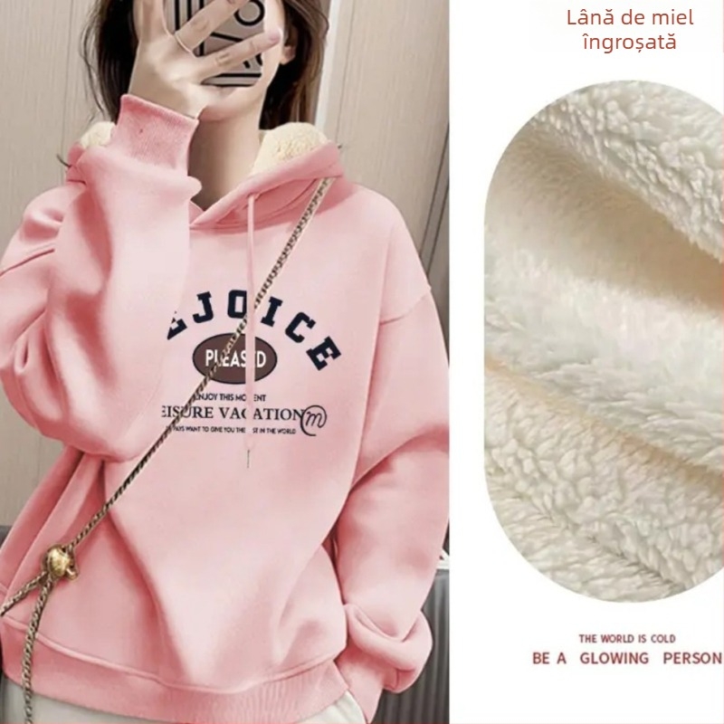 Pulover-sweatshirt, stil coreean, croială lejeră, guler rotund, țesătură groasă, poliester