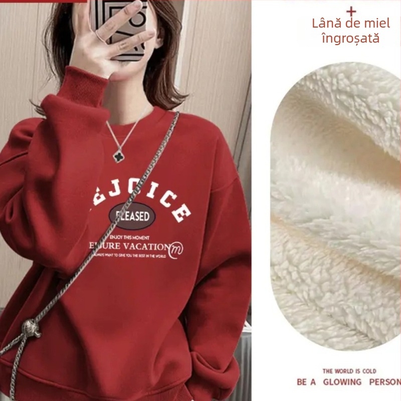 Pulover-sweatshirt, stil coreean, croială lejeră, guler rotund, țesătură groasă, poliester