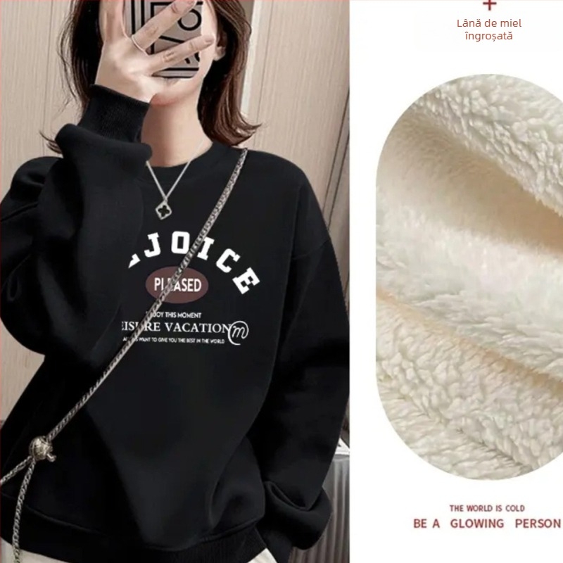 Pulover-sweatshirt, stil coreean, croială lejeră, guler rotund, țesătură groasă, poliester