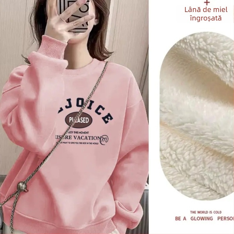 Pulover-sweatshirt, stil coreean, croială lejeră, guler rotund, țesătură groasă, poliester