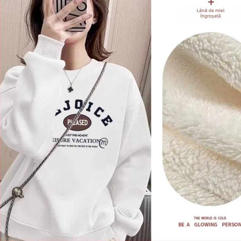 Pulover-sweatshirt, stil coreean, croială lejeră, guler rotund, țesătură groasă, poliester