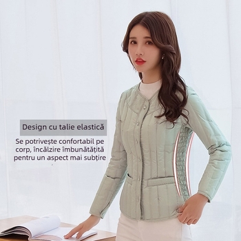 Geacă de puf slim, cu umplutură din puf de rață alb – fără guler, lungime medie, mâneci lungi, țesătură poliester