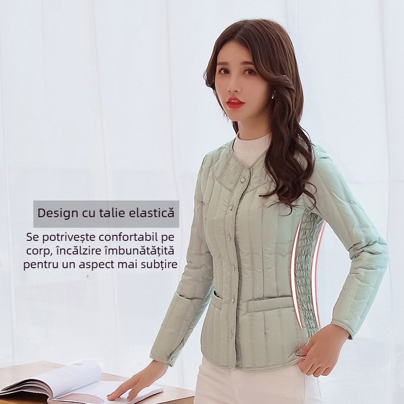 Geacă de puf slim, cu umplutură din puf de rață alb – fără guler, lungime medie, mâneci lungi, țesătură poliester