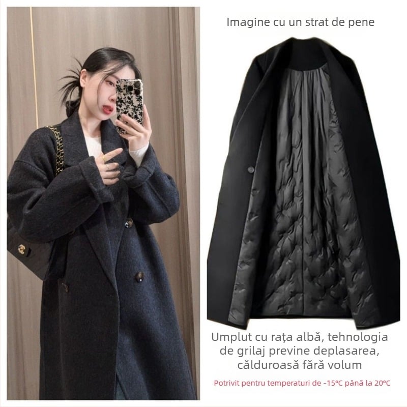 Palton de lână cu căptușeală din puf — (Țesătură chenille; amestec spandex; croială lejeră; mâneci 3/4; guler stil sacou)